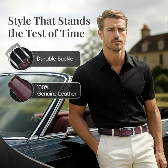 Genuine Wine Red Leather Dress Belt for Men Tan Men Belt for Suits Jeans Uniform - Picture 6 of 7